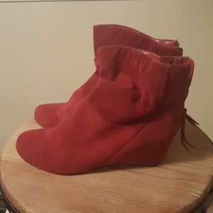 Red Faux Suede Wedge Bootie